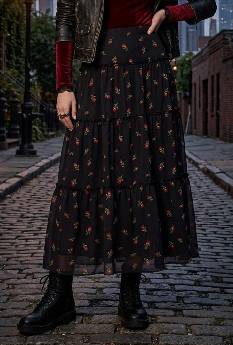 Gilli Floral Tiered Maxi Skirt Black Sheer Red RoseBrooklyn High Waist Large